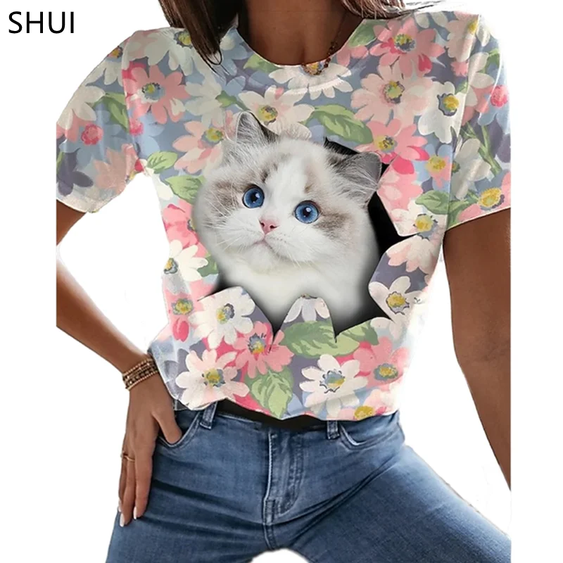 Футболка женская с круглым вырезом Веселый топ 3D-принтом животного леса кота