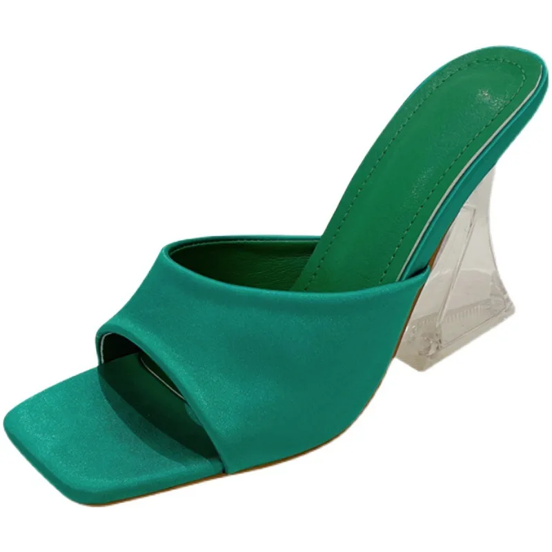 

2022 Latest Summer and Autumn Women's Green shoes Silky Wide Band Transparent High Heel Comfortable Green Sandals Heels shoes