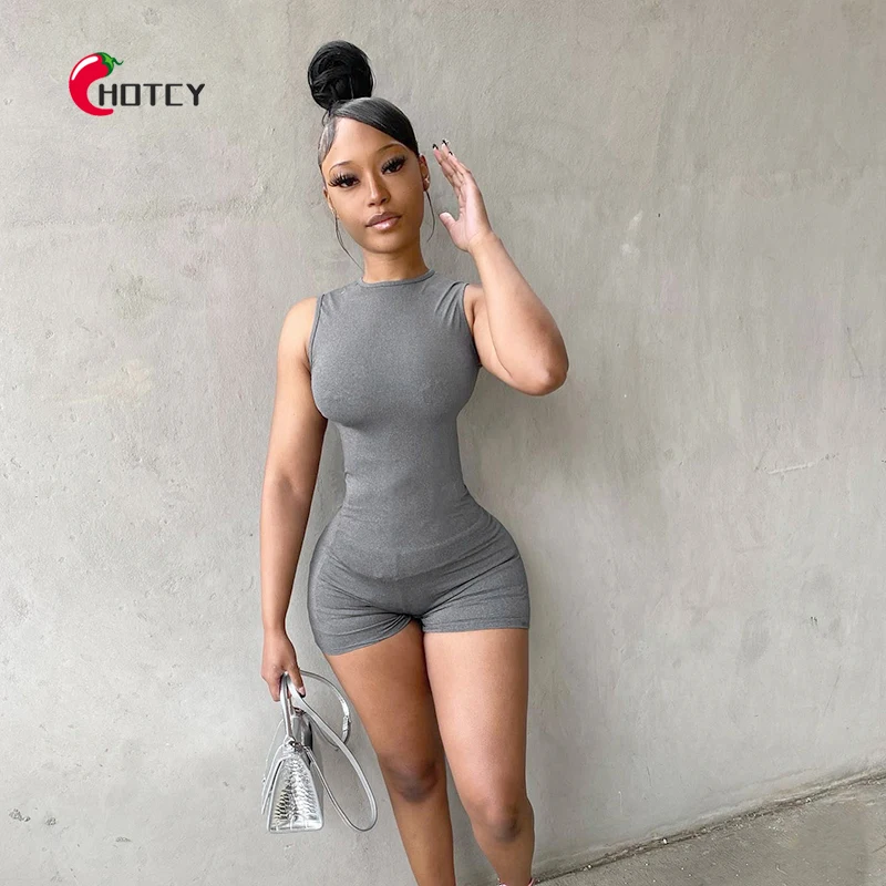 

HOTCY Basic Workout Playsuit 2022 Solid Color Sleeveless Fitness Sportswear Rompers Women