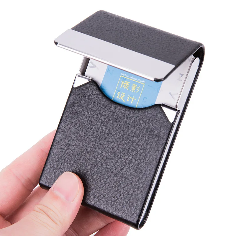 

Fashion PU Leather Business Card Holder with Magnetic Buckle Slim Pocket Name Card Holder Stainless Steel Credit Card ID Case
