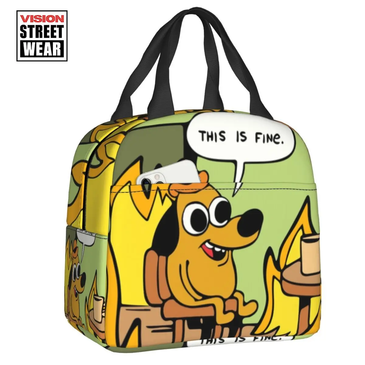 

2023 New This Is Fine Thermal Insulated Lunch Bag Women Fashion Art Pet Resuable Lunch Tote for Outdoor Picnic Storage Food Box