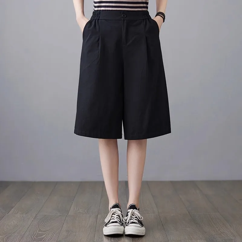 2023 New Summer Casual Loose Ladies Straight Pants Elastic High Waist Solid Knee-Length Wide Leg Pants for Women Black White