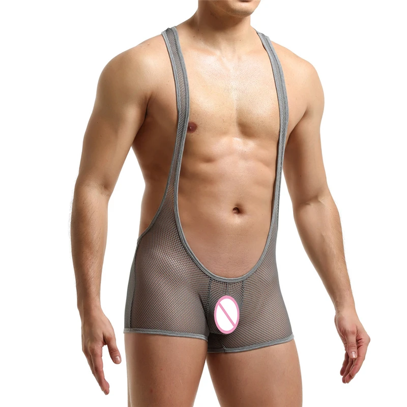 FYXLJJ Sexy Mesh Mens Undershirts See Through Bodysuit Lingerie Transparent Jumpsuit Leotard Fitness Wrestling Singlet Bodysuits