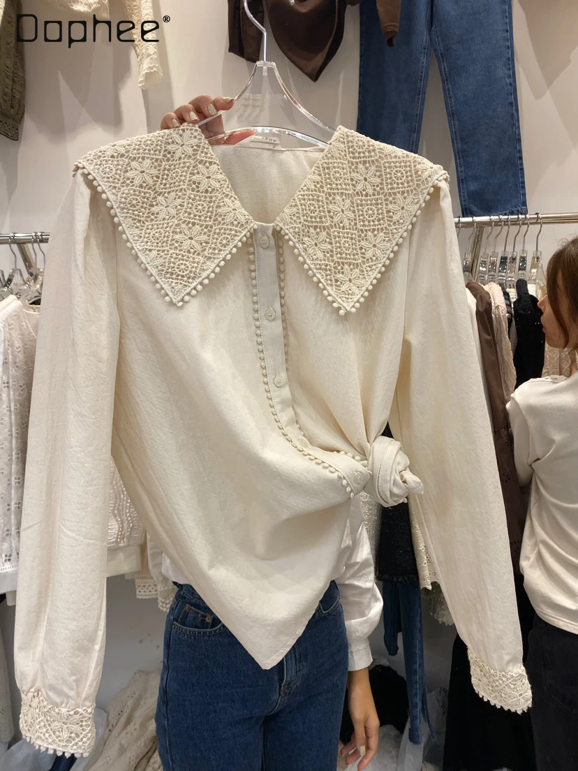 

2022 Spring New Cotton Sweet Lace Embroidered Hollow Blouse Ladies Elegant Doll Collar Shirt Women's Fashion Button Up Shirt