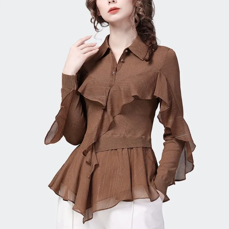 Женская шифоновая блузка с оборками приталенная трикотажная прострочкой на