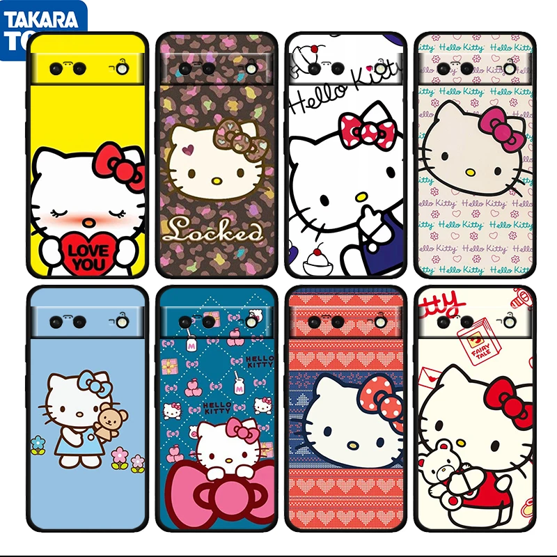 

Cartoon Cute Hello Kitty Shockproof Cover for Google Pixel 7 6 Pro 6a 5 5a 4 4a XL 5G Black Phone Case Shell Soft Fundas Cover