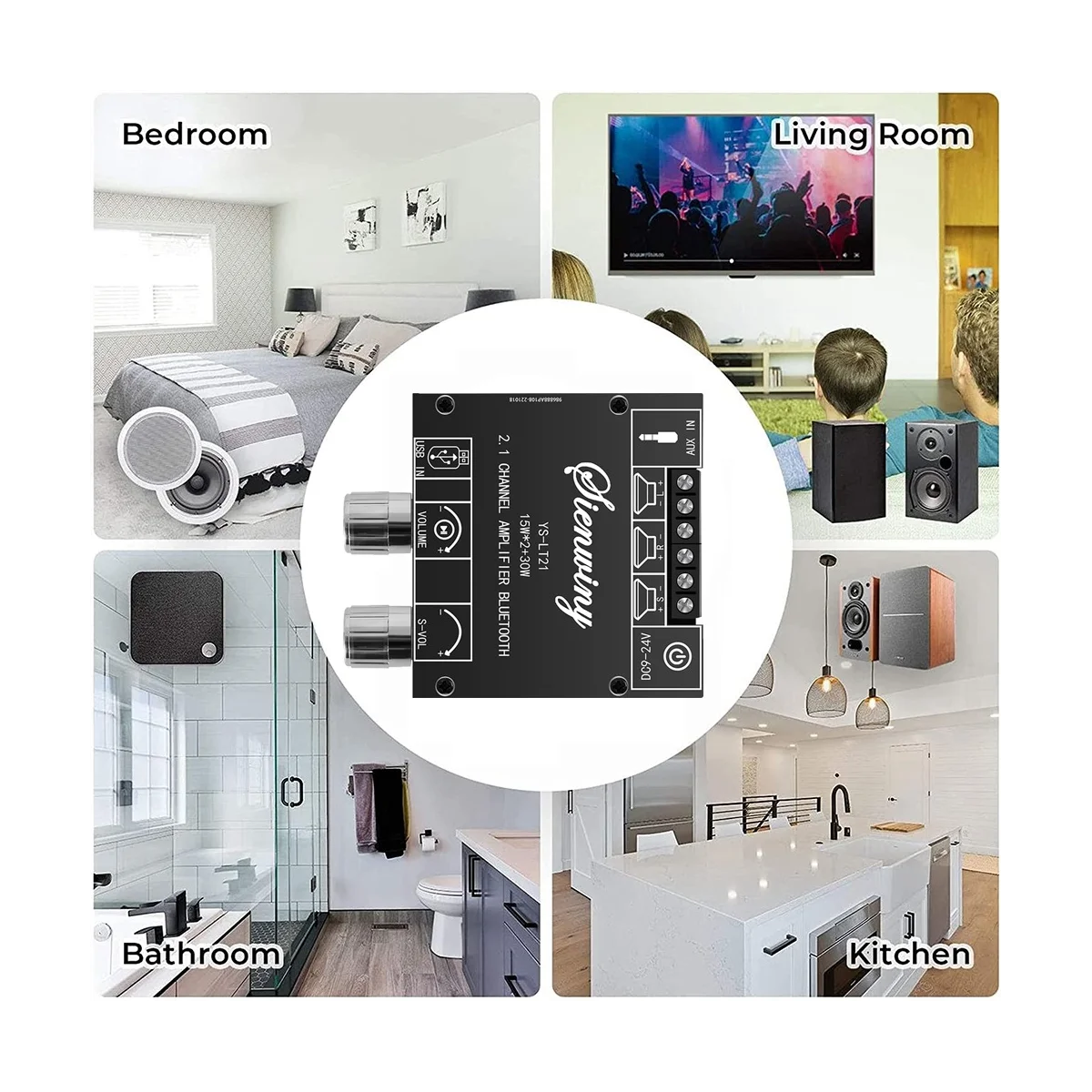 

YS-LT21 2.1 Channel Bluetooth Amplifier Board 15W+15W+30W with Subwoofer Knob Adjusting Encoder Audio Module DC9-24V