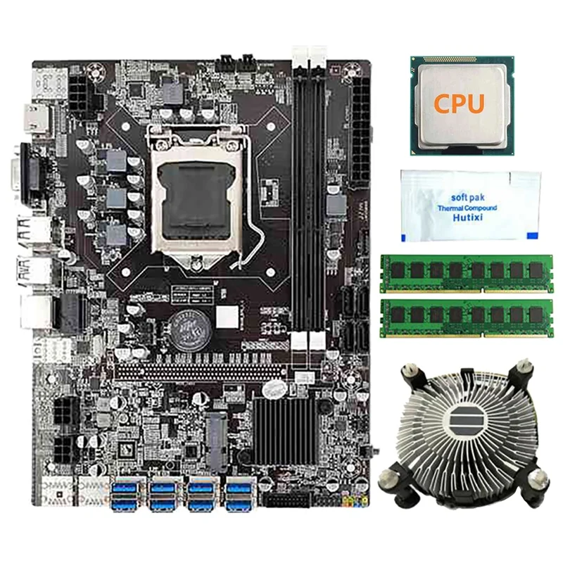 B75 BTC Mining Motherboard With Random CPU+Fan+2X DDR3 RAM+Thermal Grease 8 USB3.0 Slot LGA1155 DDR3 SATA3.0 ETH Miner