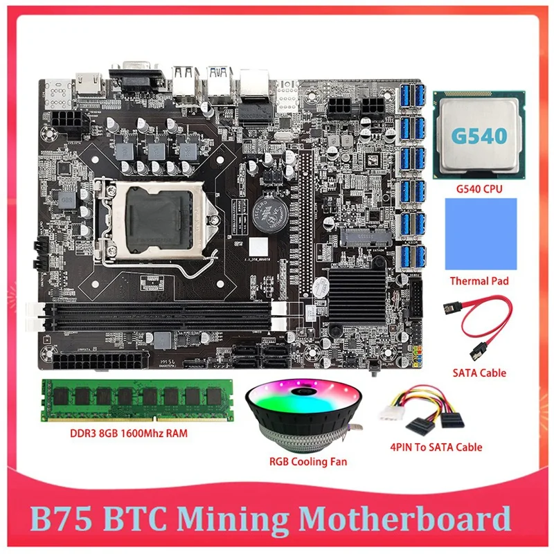 B75 ETH Mining Motherboard LGA1155 12 PCIE To USB With G540 CPU+DDR3 8GB 1600Mhz RAM For Graphics Card B75 BTC Mining
