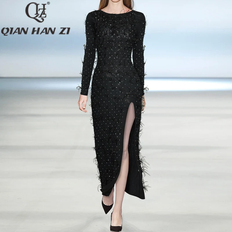 

Женское модельное платье макси QHZ, дизайнерское винтажное длинное облегающее платье с высоким разрезом, украшенное стразами и перьями