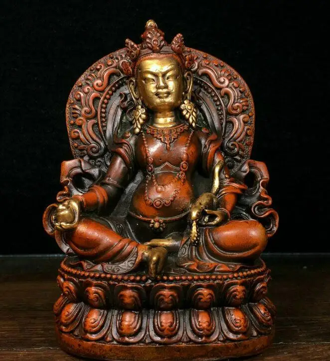 

4.8" Old Tibet Buddhism Red Copper Gilt Yellow Jambhala Wealth God Buddha Statue