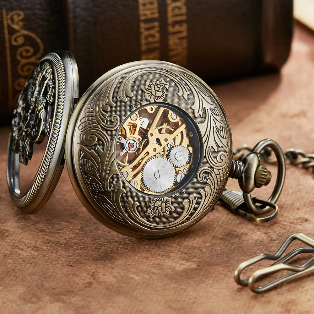 Vintage Steampunk Dragon Mechanical Pocket Watch Men Hollow Skeleton Roman Dial Pocket FOB Watch Chain Male Clock Hand Wind