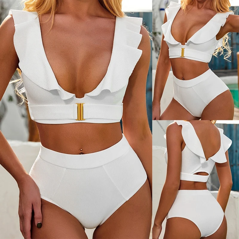 

Quality Women's Fashion Sexy Bikini 2-Piece Ruffle Swimsuit Set White