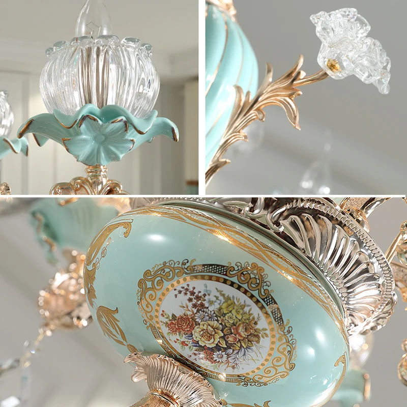 Flower Crystal Ceramic Retro Chandelier European Style Lamp For Living Room Bedroom Suspension Luminaire Villa Hanging Light
