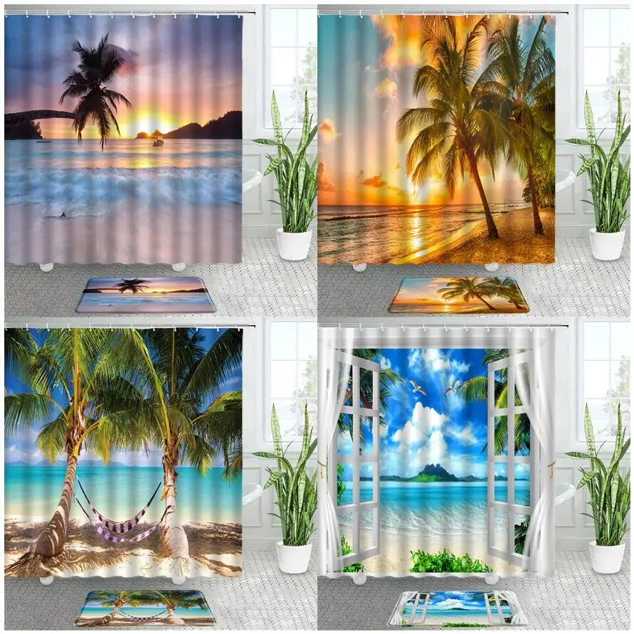 

Dusk Ocean Beach Shower Curtain Bath Mat Set Island Palm Trees Sea Waves Door Rug Summer Bathroom Decor Curtains Non-Slip Carpet
