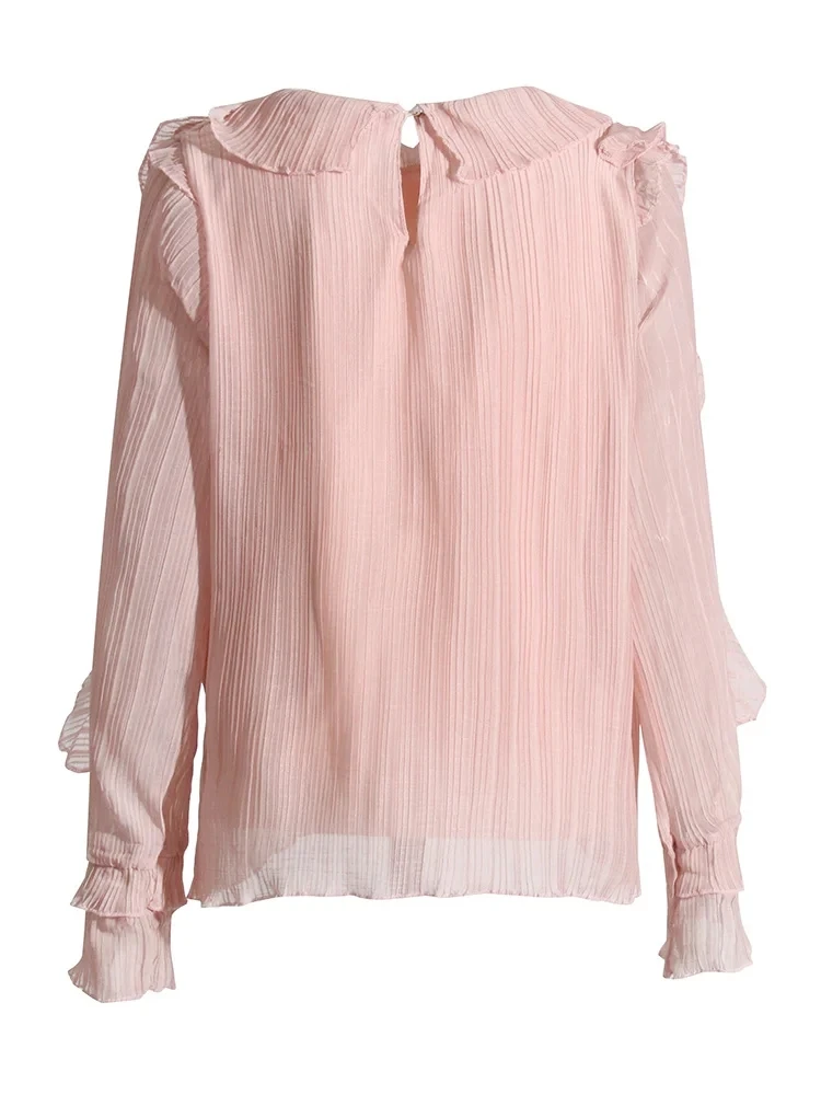 CHICEVER Женская Однотонная Лоскутная Рубашка Со Складками И Длинными Рукавами