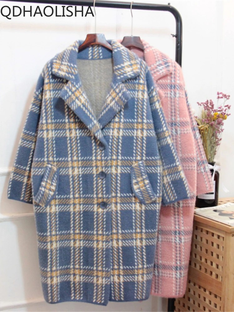 

Пальто женское средней длины, модная клетчатая шуба из искусственного меха норки в Корейском стиле, элегантная свободная Утепленная зимняя одежда, осень-зима