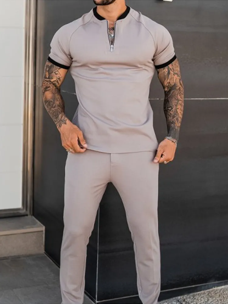New Autumn Men's Sets Casual Simple T-Shirt Sports Short sleeves +Trousers Fashion Short-Sleeved Fitness Jogger Tracksuit US Siz