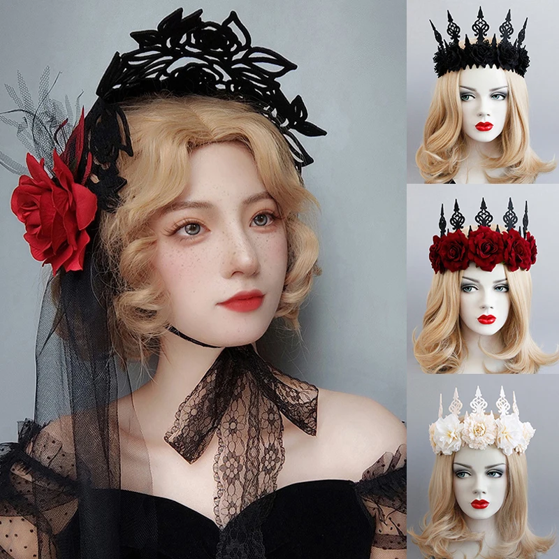 

Lady Queen Head Wreath Vintage Gothic Black Crown Roses Tiara Headband Felt Cloth Halloween Party Masquerade Cosplay Accessory
