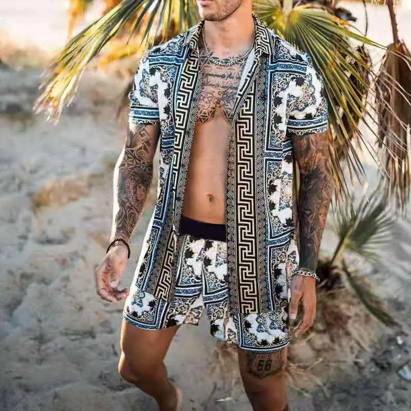 New Summer Fashion Hawaiian Beach Shirt Short Sleeve Set Mens Printing Casual Daily Floral Shirt  Two Piece Men