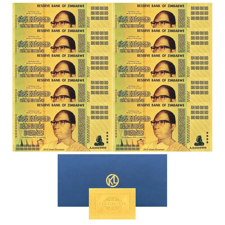 10 Pcs Zimbabwe Paper Money Gold Plated Foil Banknote Collective Notes for Business Gift Home Collection