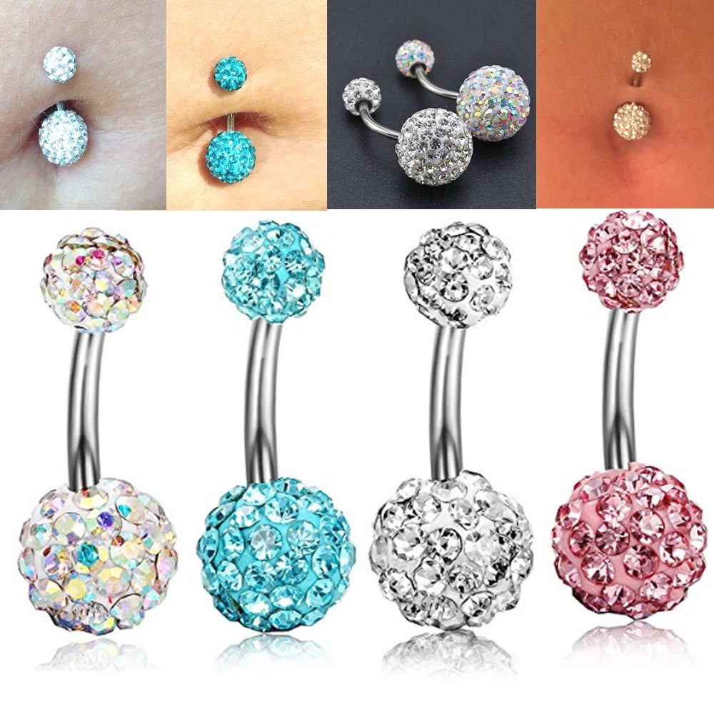 

1PC 316l Surgical Steel Assorted Colors Navel Ring Double Epoxy Crystal Balls Belly Button Ring Navel Piercing Body Jewelry 14g