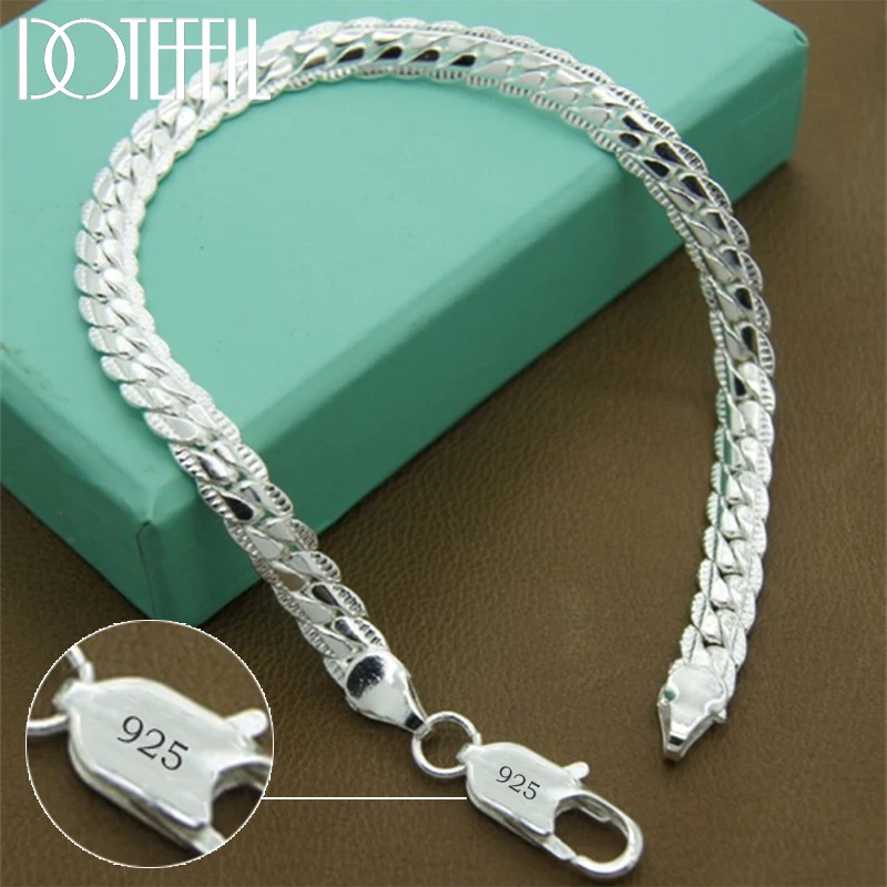 

DOTEFFIL 925 Sterling Silver Bracelet 6mm 18/19/20cm Flat Side Chain Lobster Clasp For Woman Man Wedding Engagement Jewelry