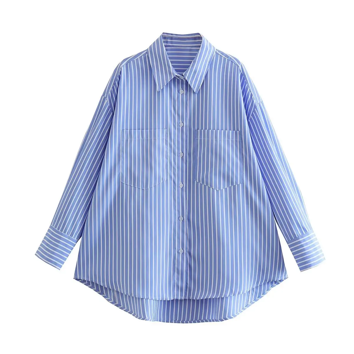 

2024 New Blue Stripe Shirt Women Casual Long Sleeves Oversize Blouse Female Chic Lady Elegant Top Spring Summer