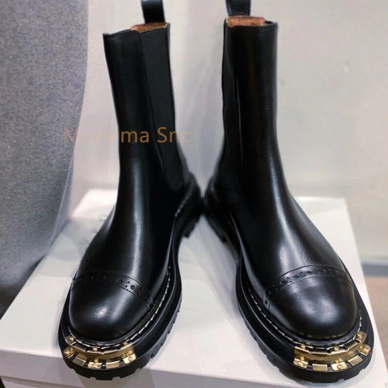 Thick Sole Ankle Boots for Women British Style Short Boots Round Toe Metal Decor Female Shoes Chelsea Boots Spring Autumn