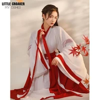 chinese traditional clothes festival folk dance dress hanfu for women girls vintage retro fairy chiffon red and white han fu set