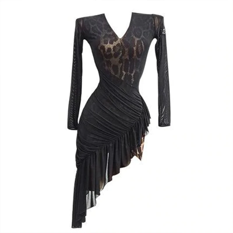 Women'S Patchwork Latin Dance Dress Professional Woman Dance Wear V-Neck Long Sleeve Stage Costume Pole Dancing Sexy Outfits