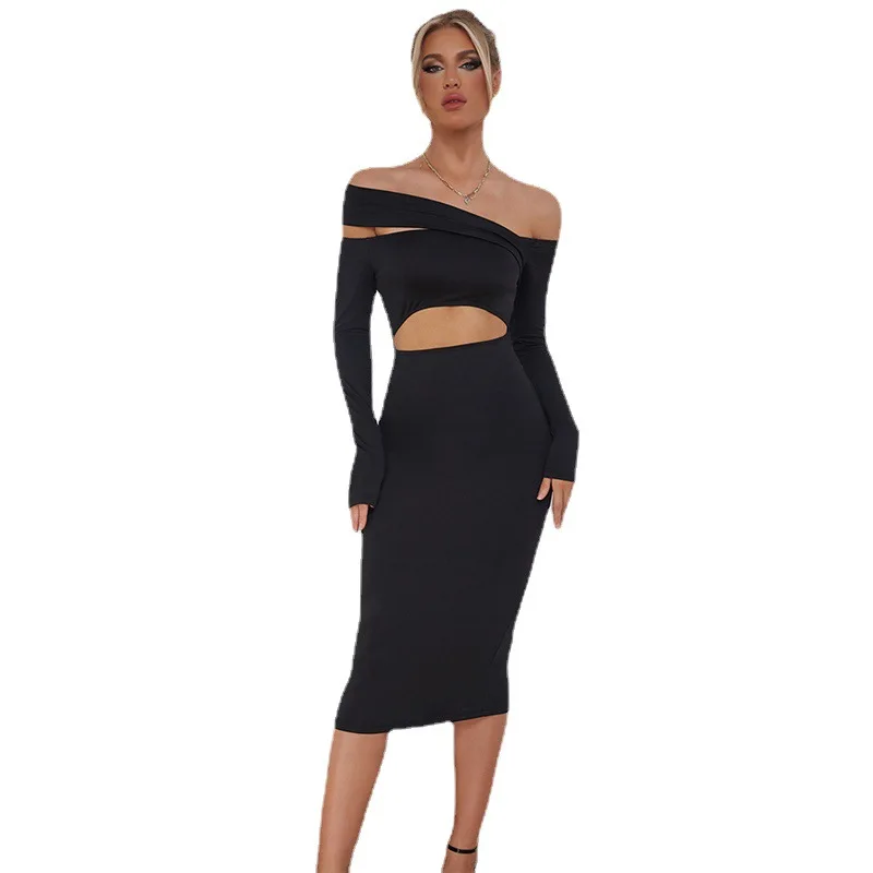 

Sexy Women's Dresses New Fashion Women's Solid Color Oblique Shoulder Hollow Out Sexy Slim Slim High Waist Dress Free Shipping