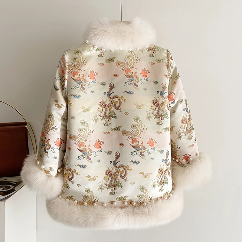 Embroidery Female Coat Winter Faux Fur Jacket Harajuku Mid-length Beading Tang Suit Cloak Women Outwear Elegant Furry Warm Coat