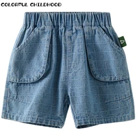 colorful childhood childrens summer plaid large pocket casual denim shorts 5xdk206