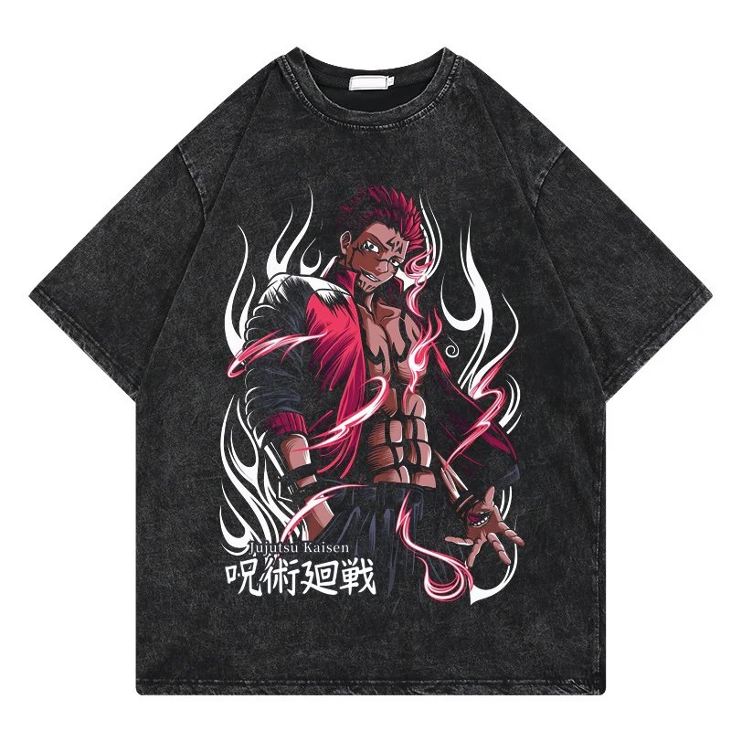 

Классическая винтажная футболка юютсу Kaisen, Мужская футболка с коротким рукавом, промытая футболка, футболки для отдыха с рисунком Аниме Манга, уличная одежда, футболка