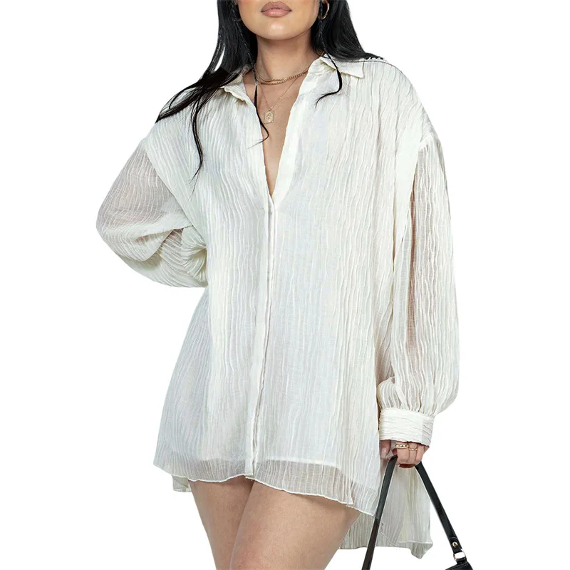 

Женская блузка на пуговицах, однотонная плиссированная Свободная рубашка с длинным рукавом, отложным воротником и V-образным вырезом, уличная мода, осень-весна