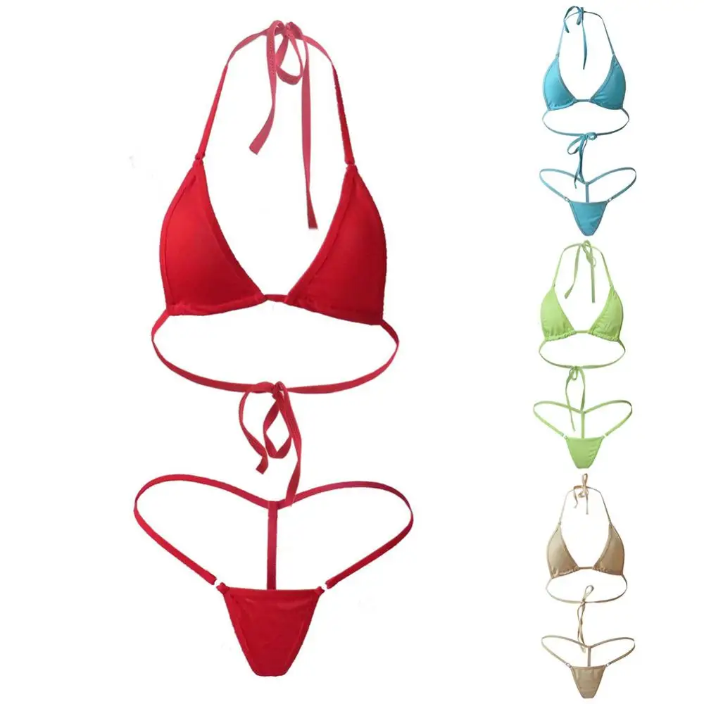 

Summer Swimwear for Girls 2Pcs Lady Sexy Solid Color Halter Mini Bra G-String Bikini Set Swimwear Swimsuit