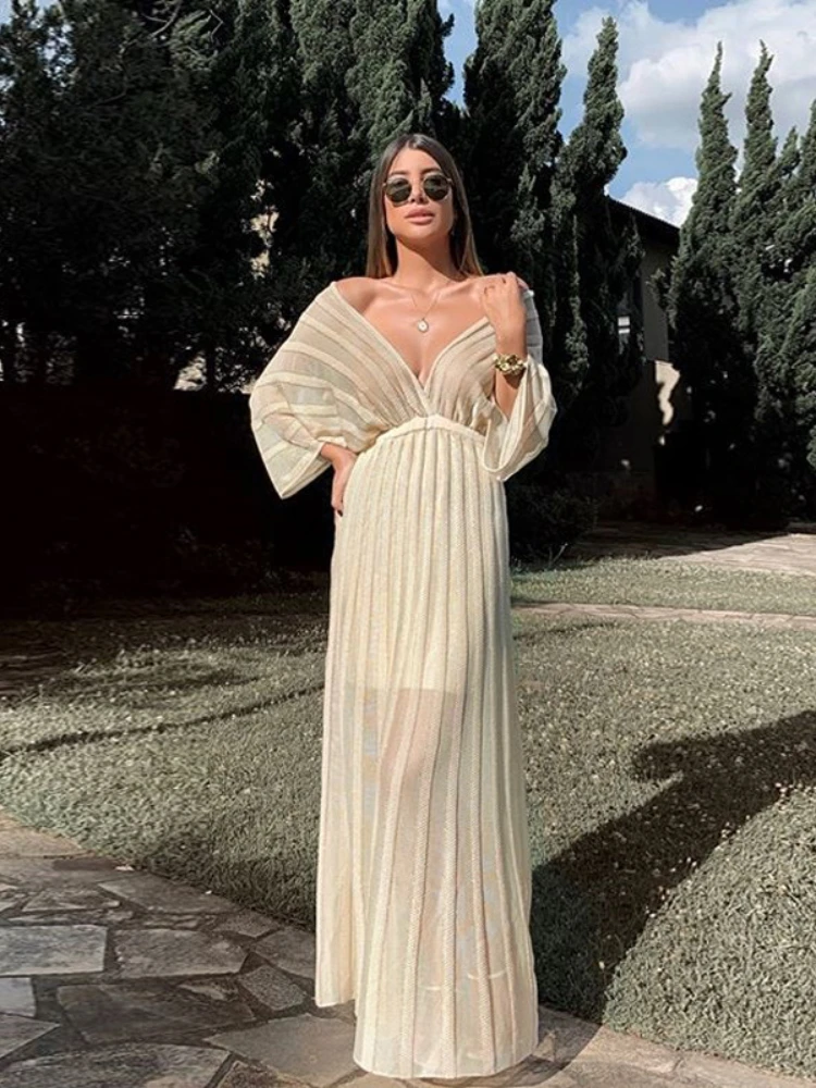 

New Elegant V-Neck Long Dress White V-Neck Shawl Sleeves High Waist Women's Dress Party Feminine Long Dress Dresses for Women
