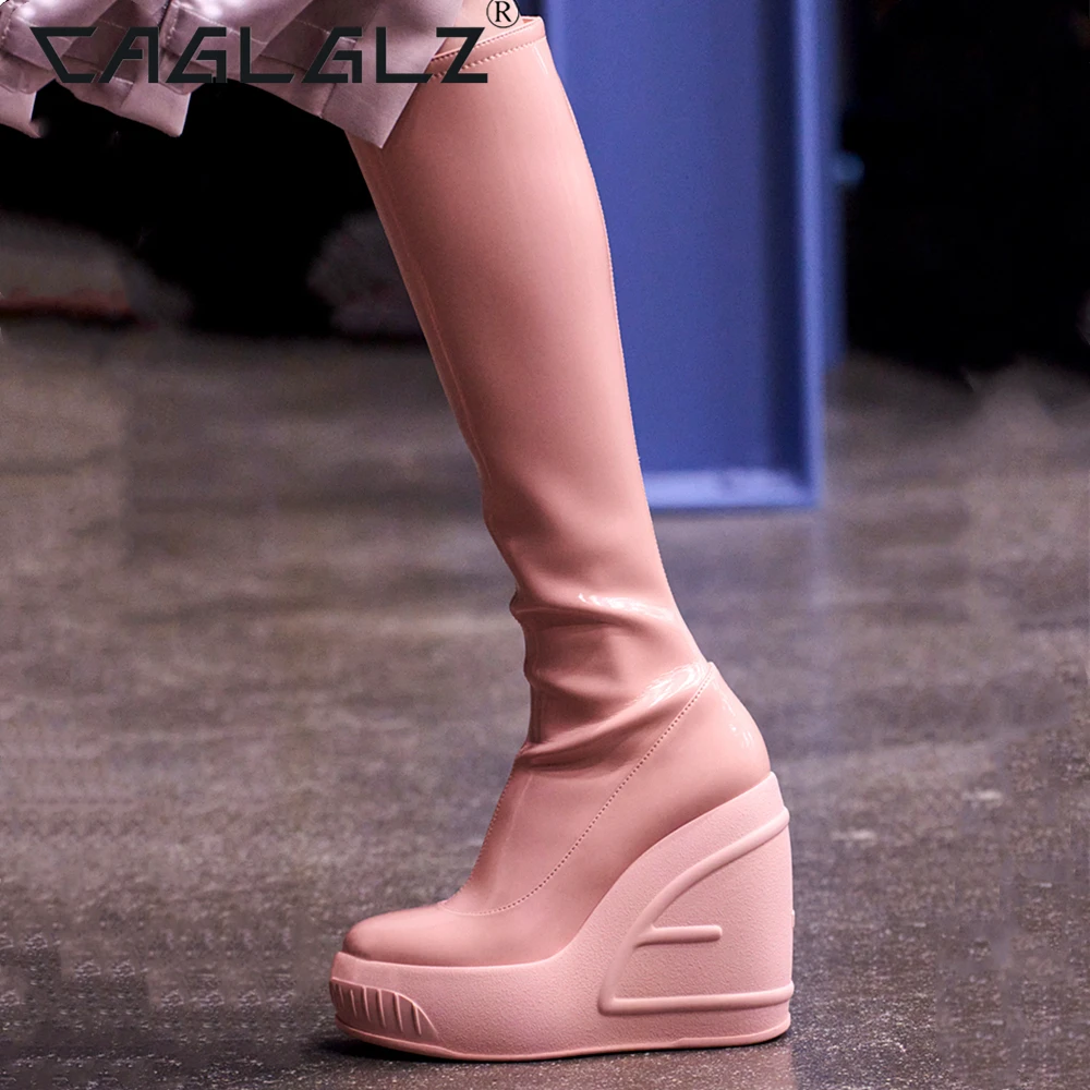 2023 CAGLGLZ Autumn and Winter New Women's Zipper Round Head Fashion Party Lacquer Leather Wedge High Heel Boots 14 inch shoes