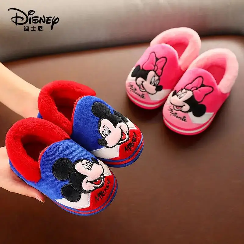 Disney Children's Slippers Winter Cartoon Boys Girls Mickey Minnie Non-slip Indoor Home Shoes Children Baby Cotton Size 15-21cm