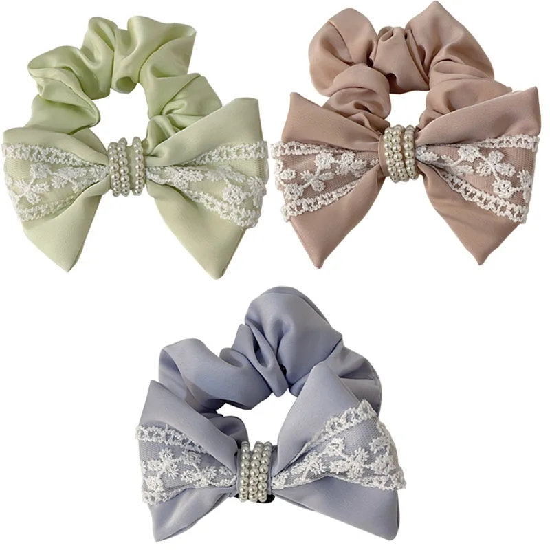 

Women Lace and Pearl Decorated Bowknot Hair Scrunchies Cute Elegant Bow Elastic Hairbands Hair Accessories Ponytail Holder