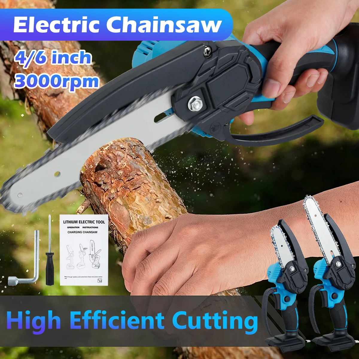 NewCordless Chainsaw 6''/4'' Electric Chainsaw Wear Resistant Wood Cutter Saw Variable Speed Portable Handheld Chainsaw Electric