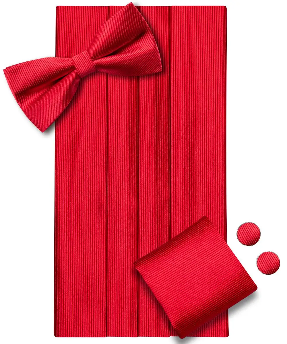 

Hi-Tie Red Silk Mens Cummerbunds Vintage Formal Jacquard Floral Bowtie Hanky Cufflinks Belt Corset For Male Prom Banquet Gift