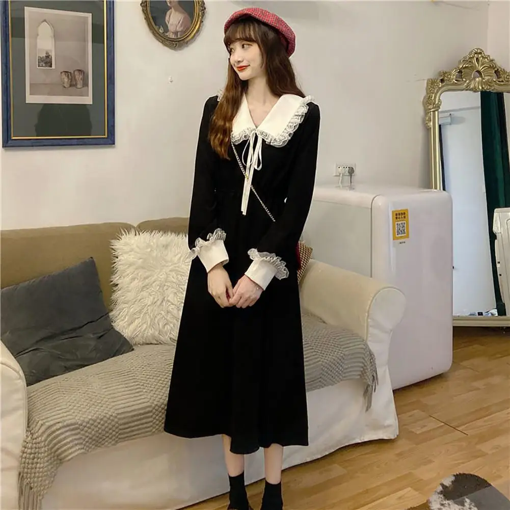 

Bowknot Decor Waist Tight Pleated Large Hem Midi Dress Christmas Large Lapel Lace Trim Long Sleeve Tunic Dress