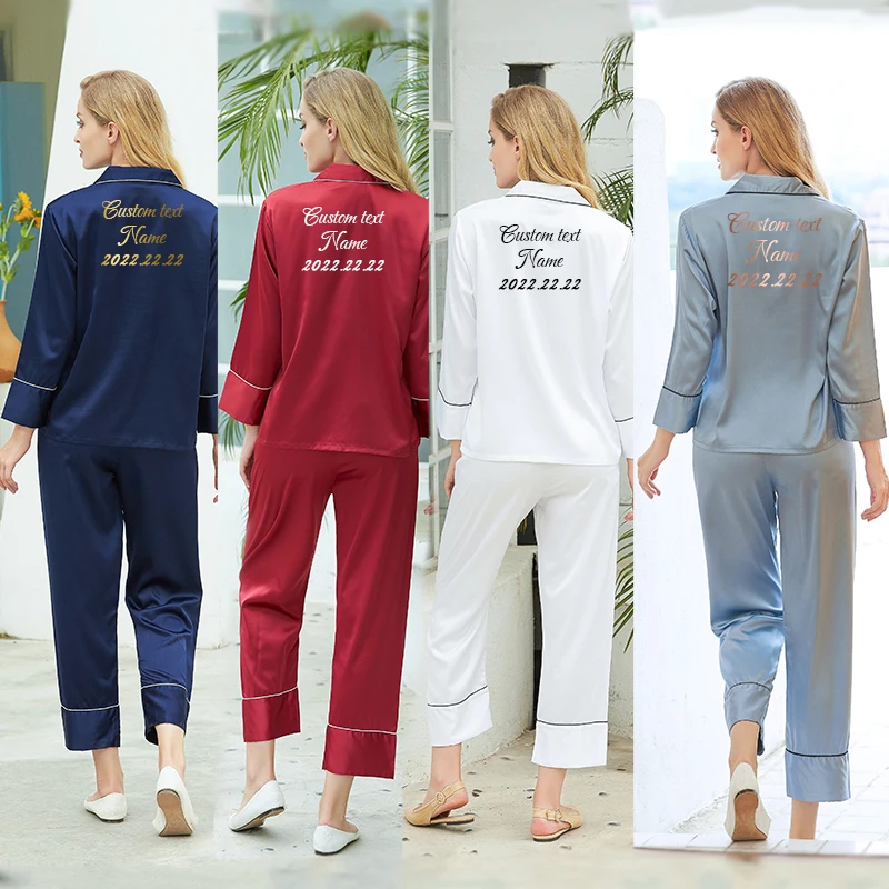 Пижамный комплект с надписью на заказ из 2 предметов Шелковый Атласный пижамный