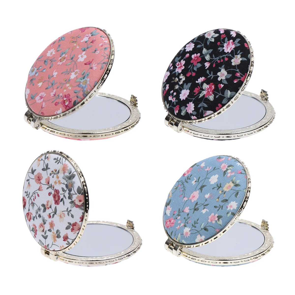 Portable Compact Makeup Mirror with Flower Printed Cover - Foldable Double-sided Metal Mirror for Travel and Everyday Use