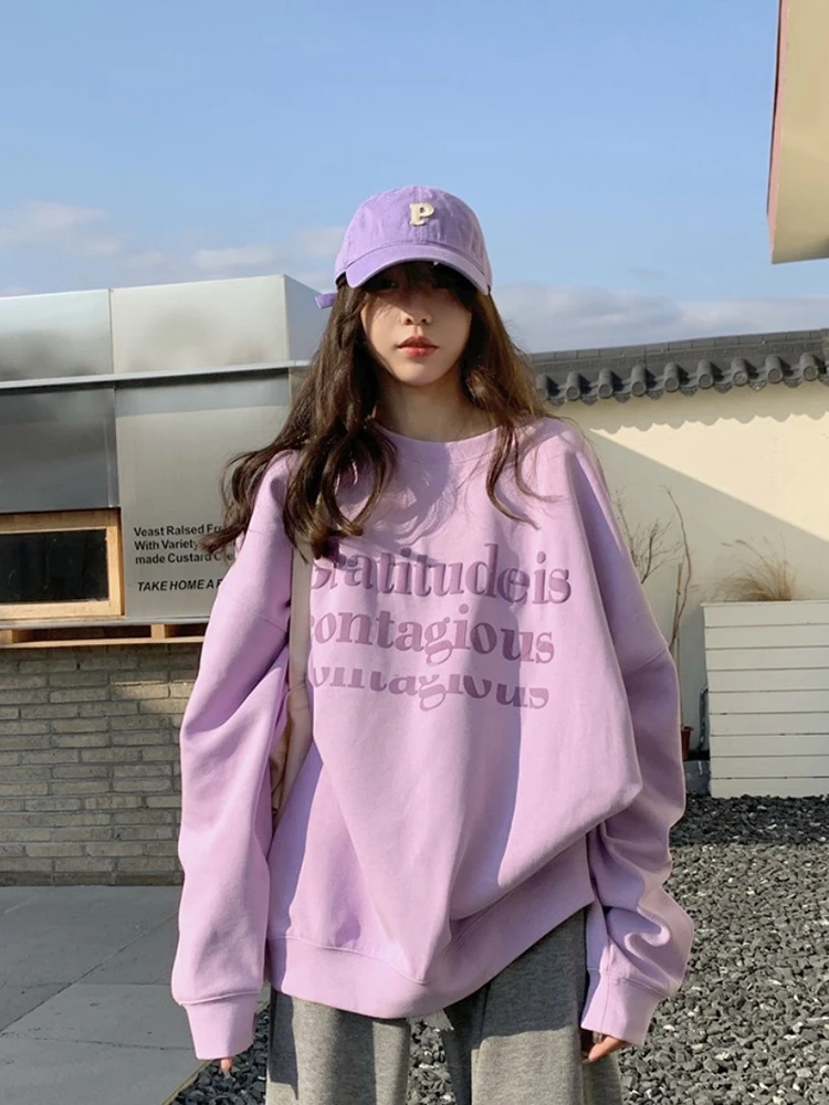 

2022 Autumn Winter Women Solid Color Retro Print Hoodies Pullover O-neck Baggy Long Sleeve BF Style Lady Sweatshirts Retro Chic