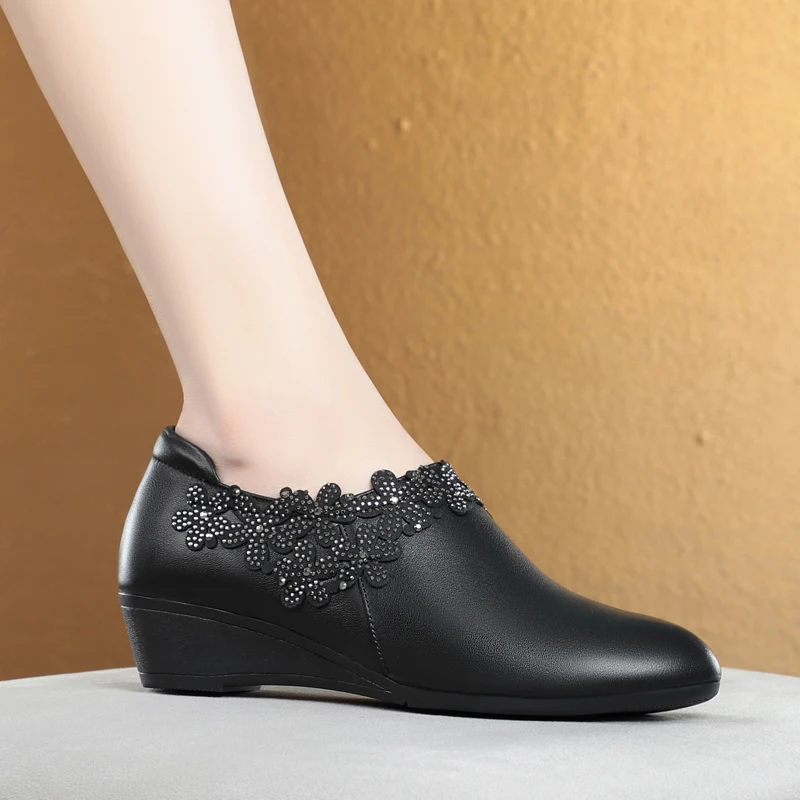 DIMANYU Women's Shoes Wedge 2023 New Genuine Leather Women's Shoes Rhinestones Large Size 41 42 43 Spring Mom Shoes