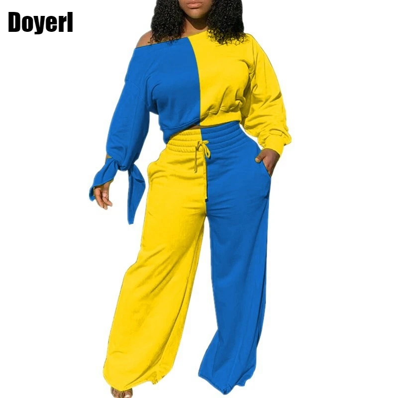 

Contrast Color Two Piece Set Top and Pants Wide Leg High Waist Club Outfits Autumn Winter Casual 2 Piece Matching Sets for Women