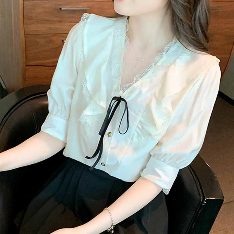 

V-neck Summer Puff Sleeve Blouse French Sweet Chiffon Shirts for Women Casual Solid Ladies Blouse Cute Tops Chemise Femme 24582